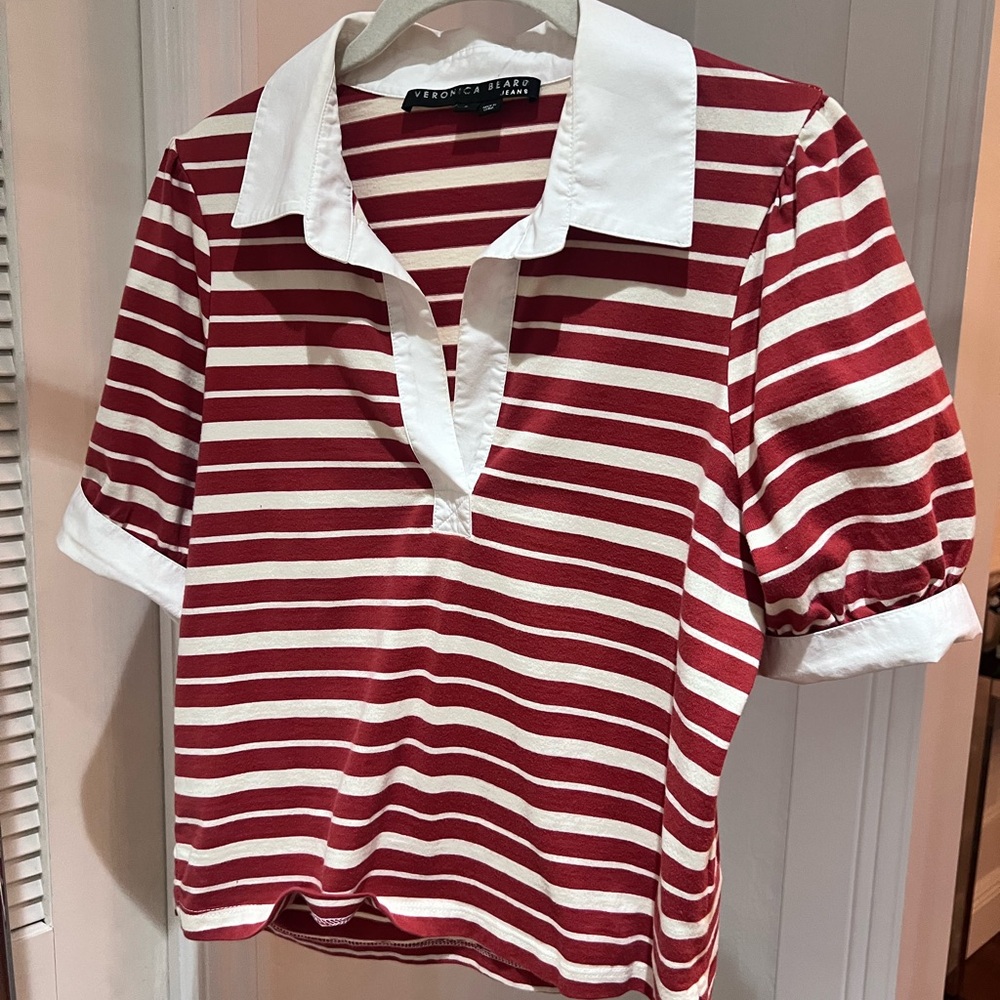 Veronica Beard Red and White Striped Button Down Shirt